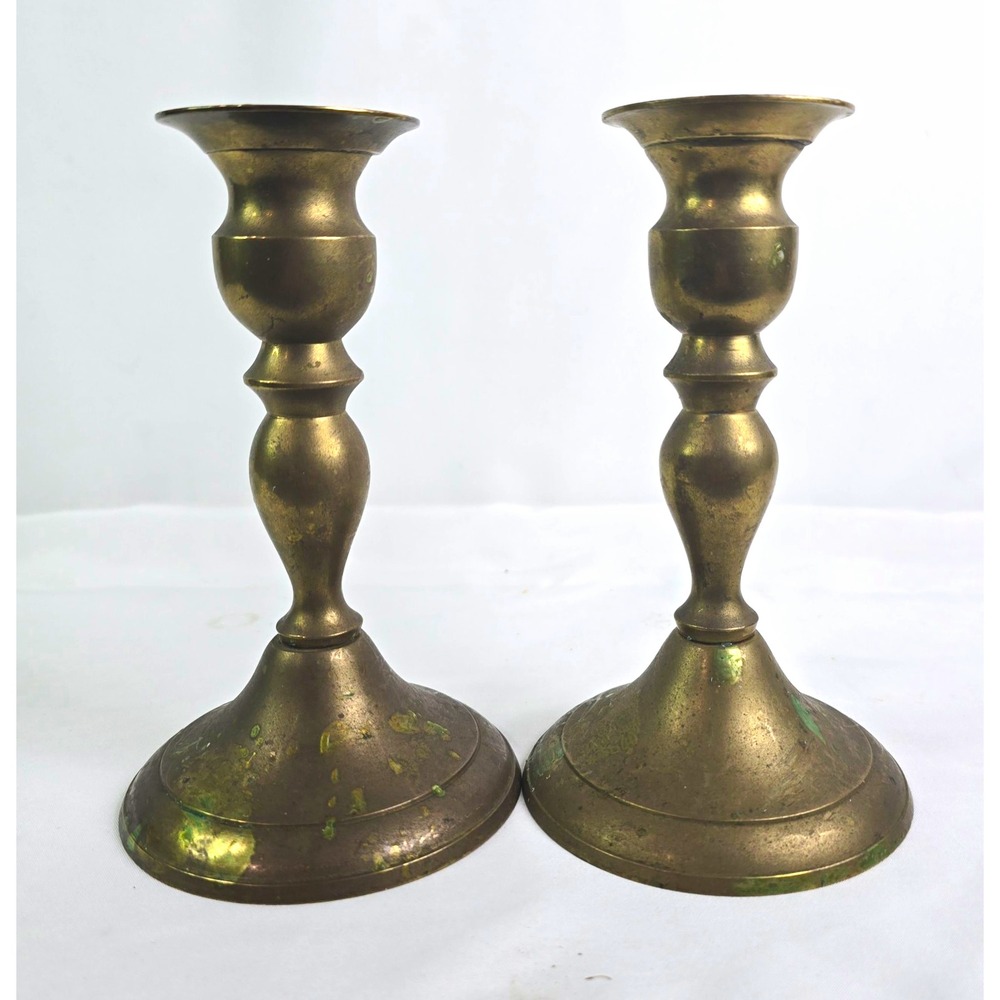 Pair Brass Metal Traditional Decorative Round Taper Candlestick Holders